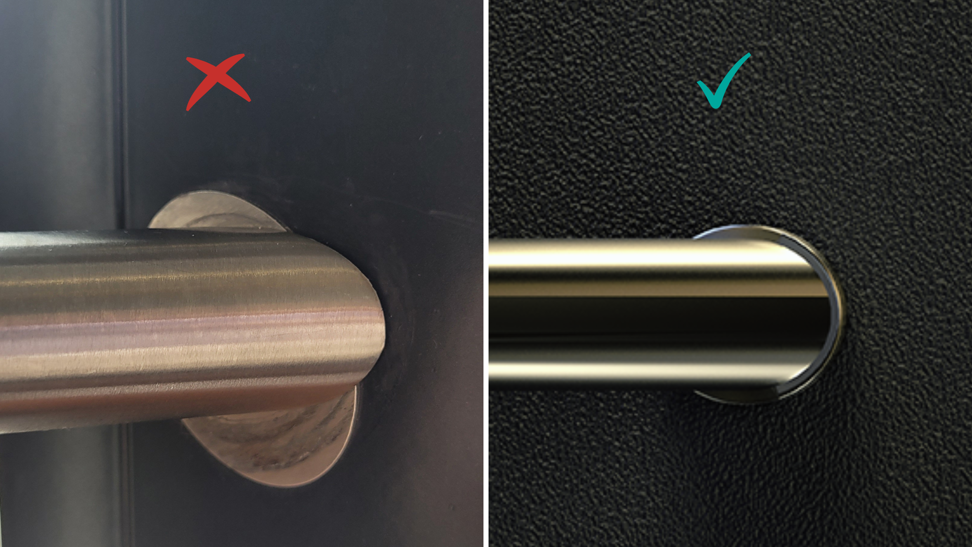 Primer napačno montirane rozete za okrogle nosilce ročajev za vhodna vrata in primer pravilno montirane rozete - Griffing